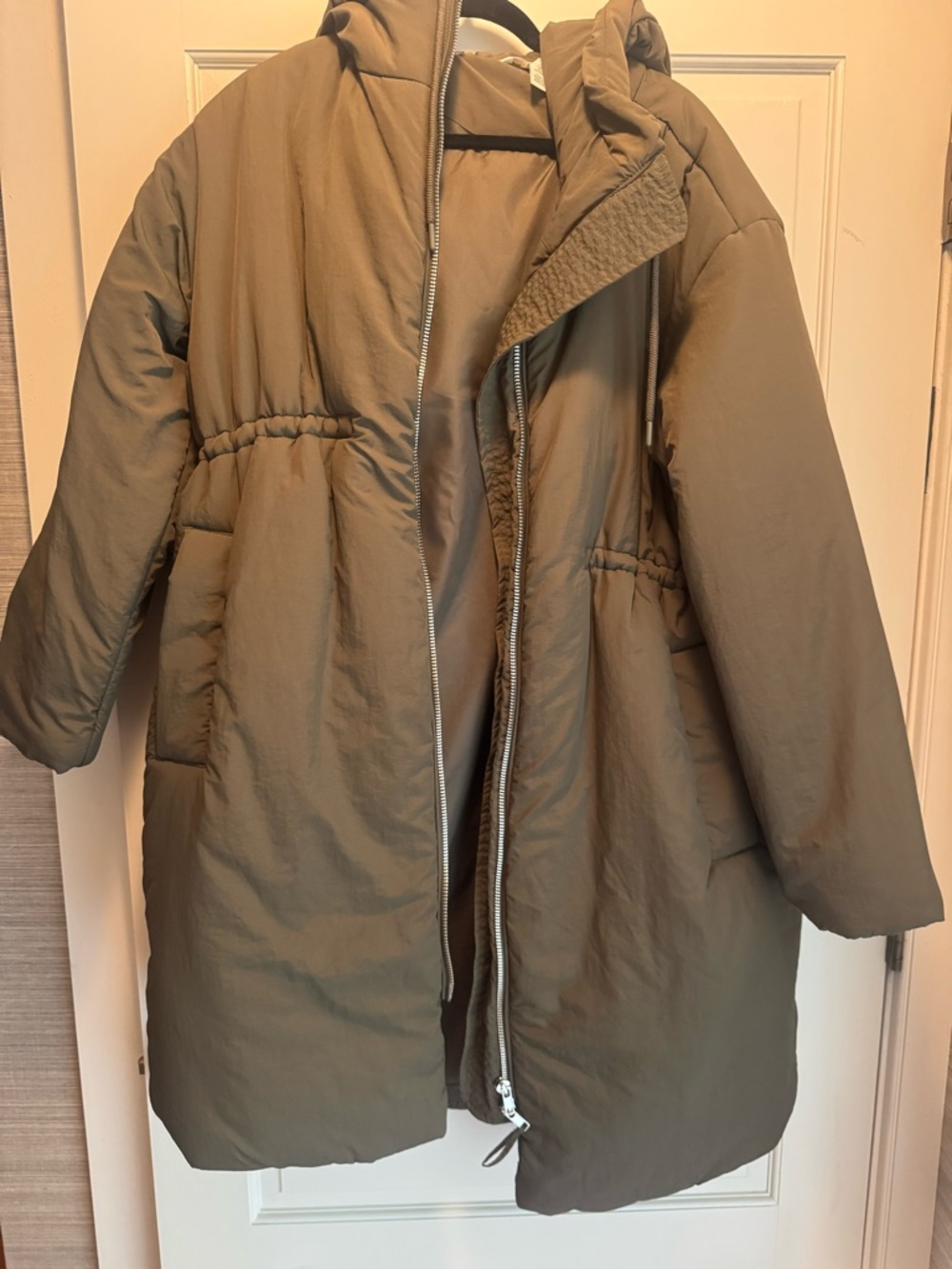 Maternity Olive Hooded Puffer Coat - Cozy Winter Jacket size adjustable